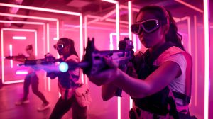 Dynamic Laser Tag Game in Action, Players with Guns Ready. Intense Indoor Entertainment. Fun Group Activity in Neon Lights. Trendy Leisure Concept. AI